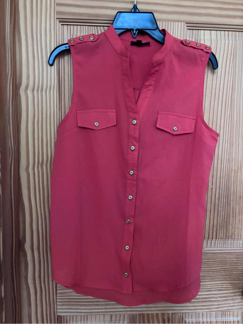 Sleeveless Utility Button-Front Top in Orange with Gold Button Detail